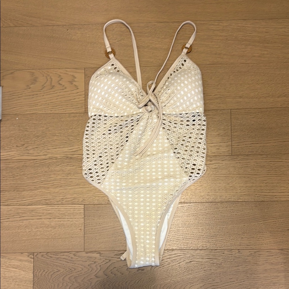 Robin Piccone Cream Crochet One-Piece Swimsuit